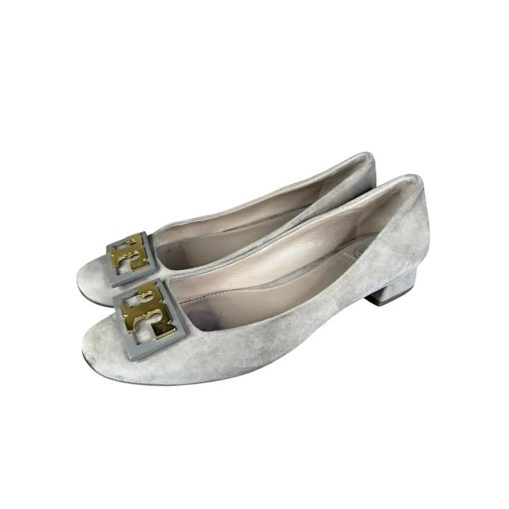 Tory Burch Gigi Suede Logo Block Heel Pumps Beige 6.5 Classic Minimalistic